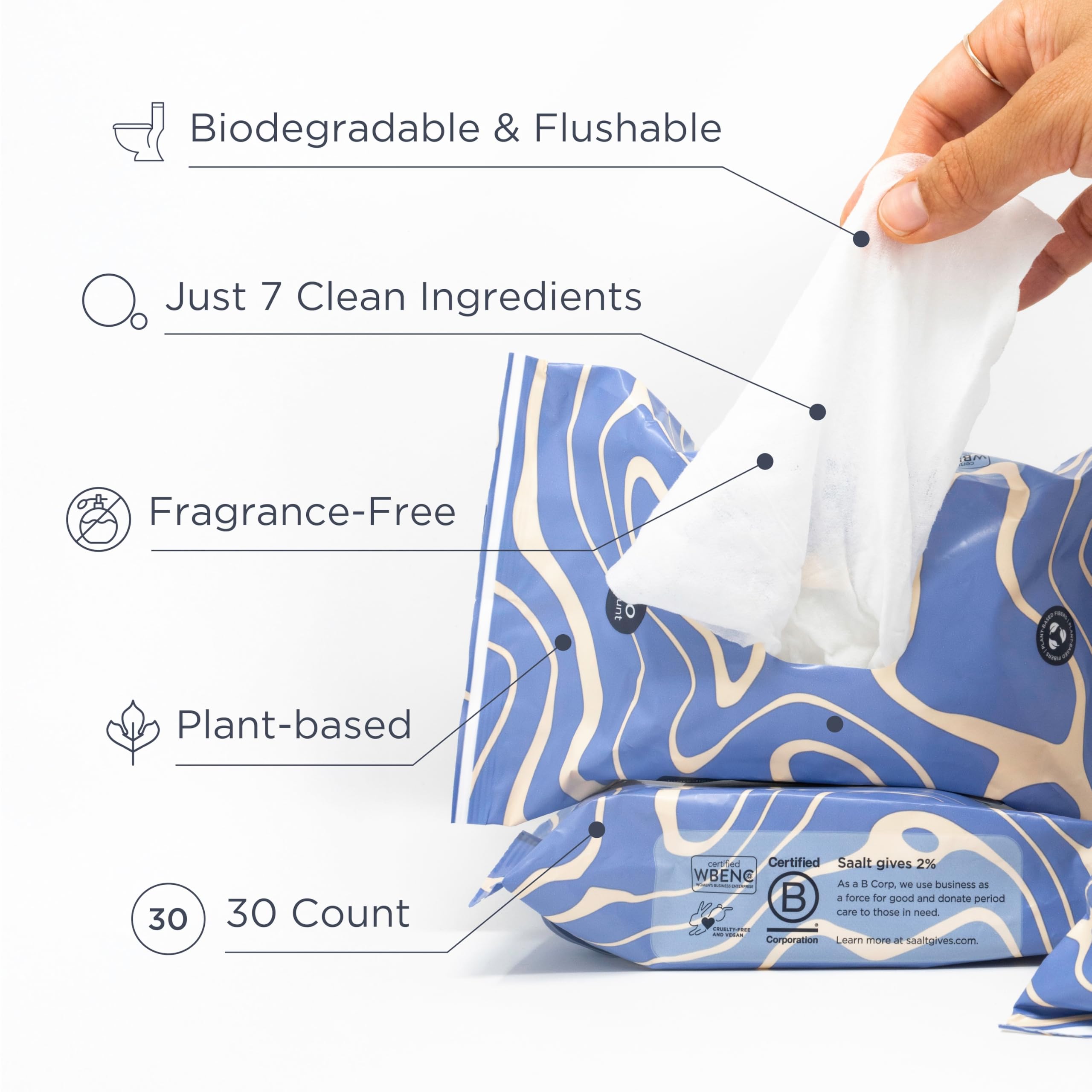 Saalt Daily Cleansing Wipes - Natural & pH Balanced Feminine Wipes - Hypoallergenic, Flushable & Biodegradable - 30 Count - Image 4