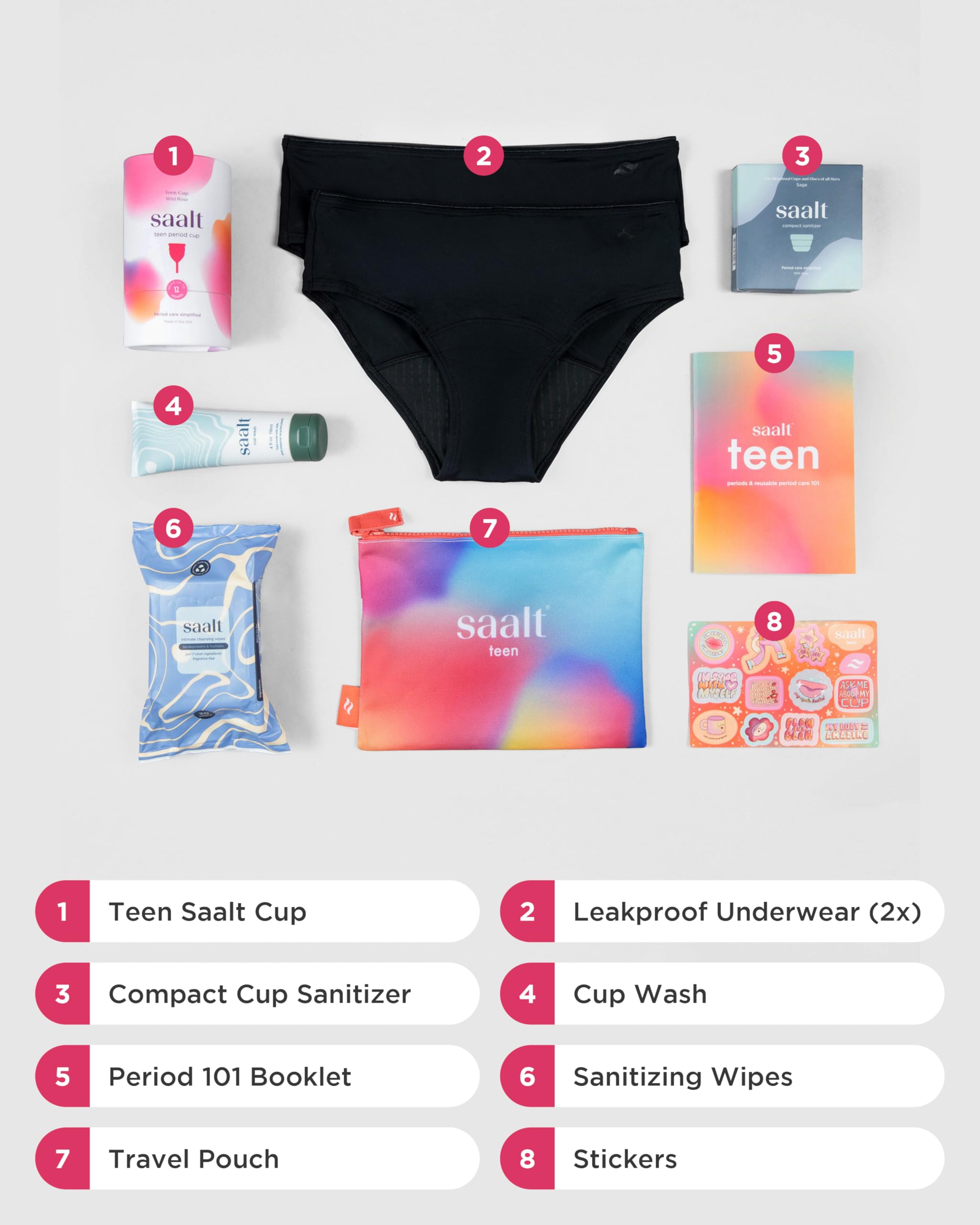 Saalt Teen First Period Kit - Includes Leakproof Period Underwear, Menstrual Cup, Menstrual Cup Wash, Compact Sanitizer, Feminine Wipes, Storage Bag, Saalt Stickers & Period Care 101 Booklet - Small - Image 3