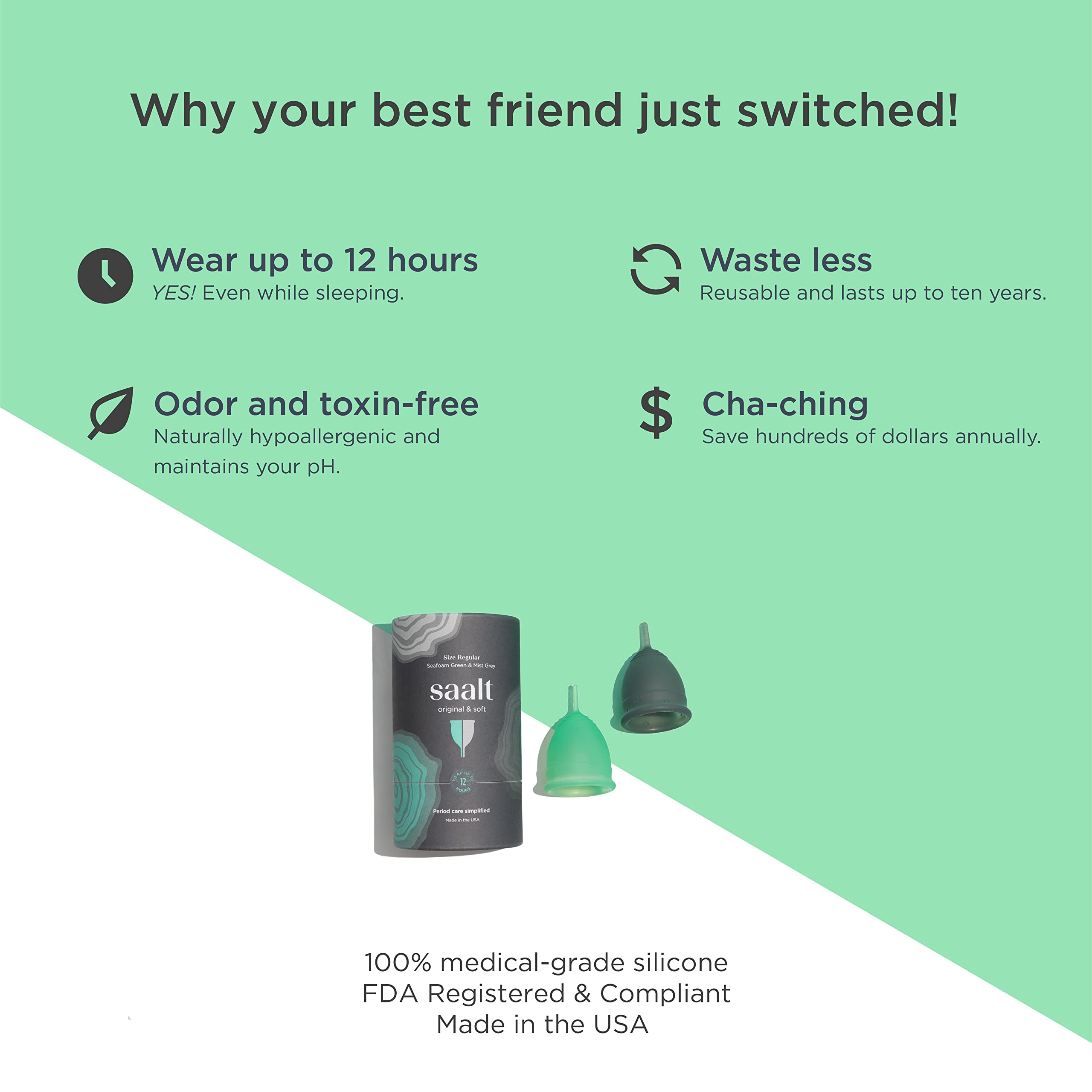 Saalt Twin Pack - Reusable Medical-Grade Silicone Period Cup - Wear for 12 Hours - Saalt Soft & Original Firmness (Regular) - Image 3